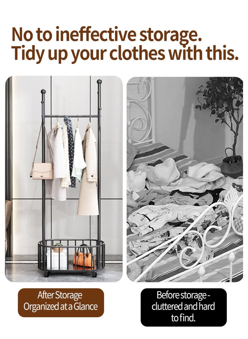 BEIRUI Rolling Metal Clothes Rack, Metal Clothes Rack with Wheels and Storage Basket, Branch Shape Hooks, Suitable for Hanging Clothes, Hats and Handbags in Living Room, Bedroom 60cm - Image 5